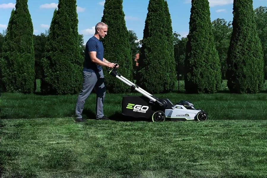 self-propelled electric lawn mower with battery and charger